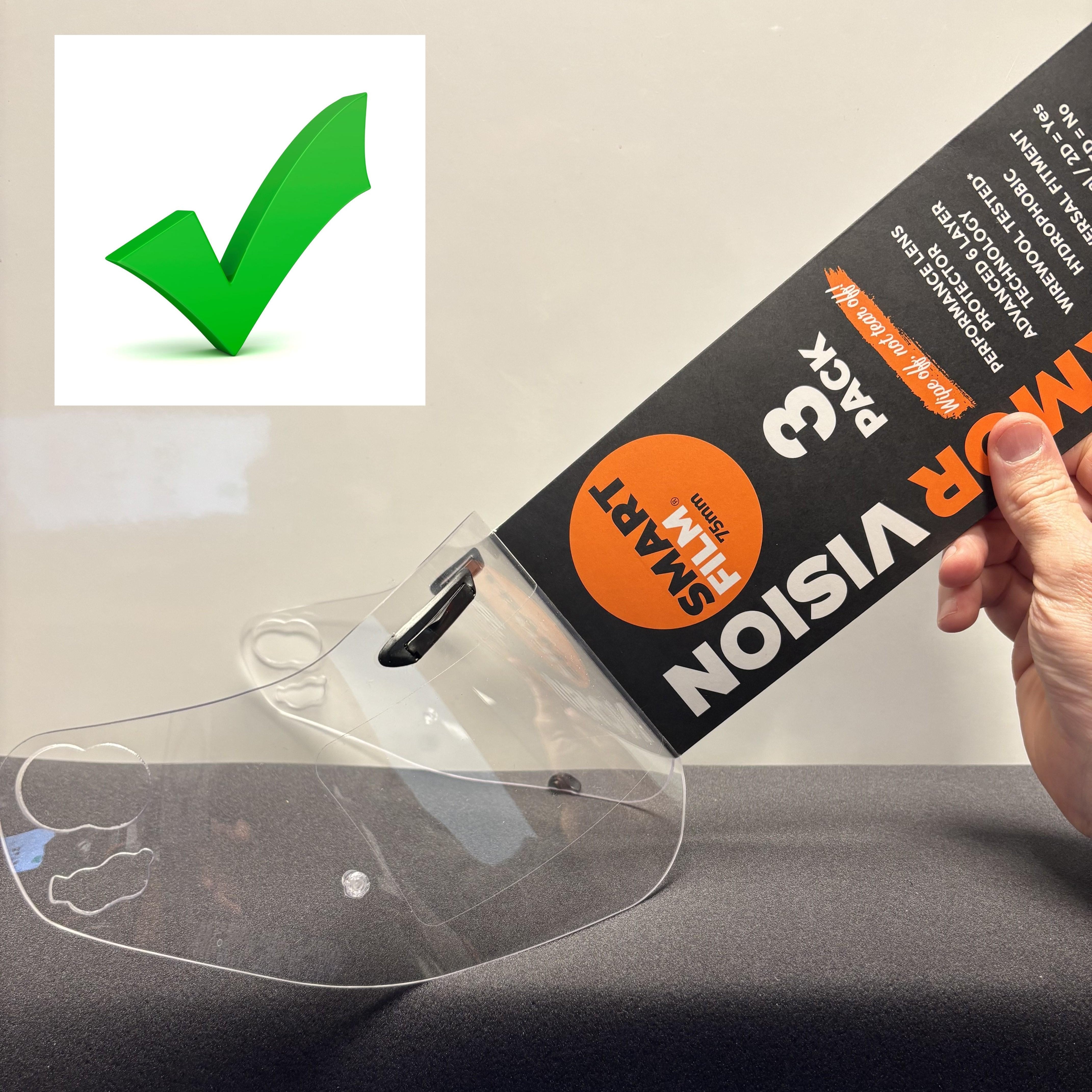 75mm SMARTFILM RACING VISOR PROTECTOR (PACK OF 3) designed for cylindrical visors will not work with spherical visors